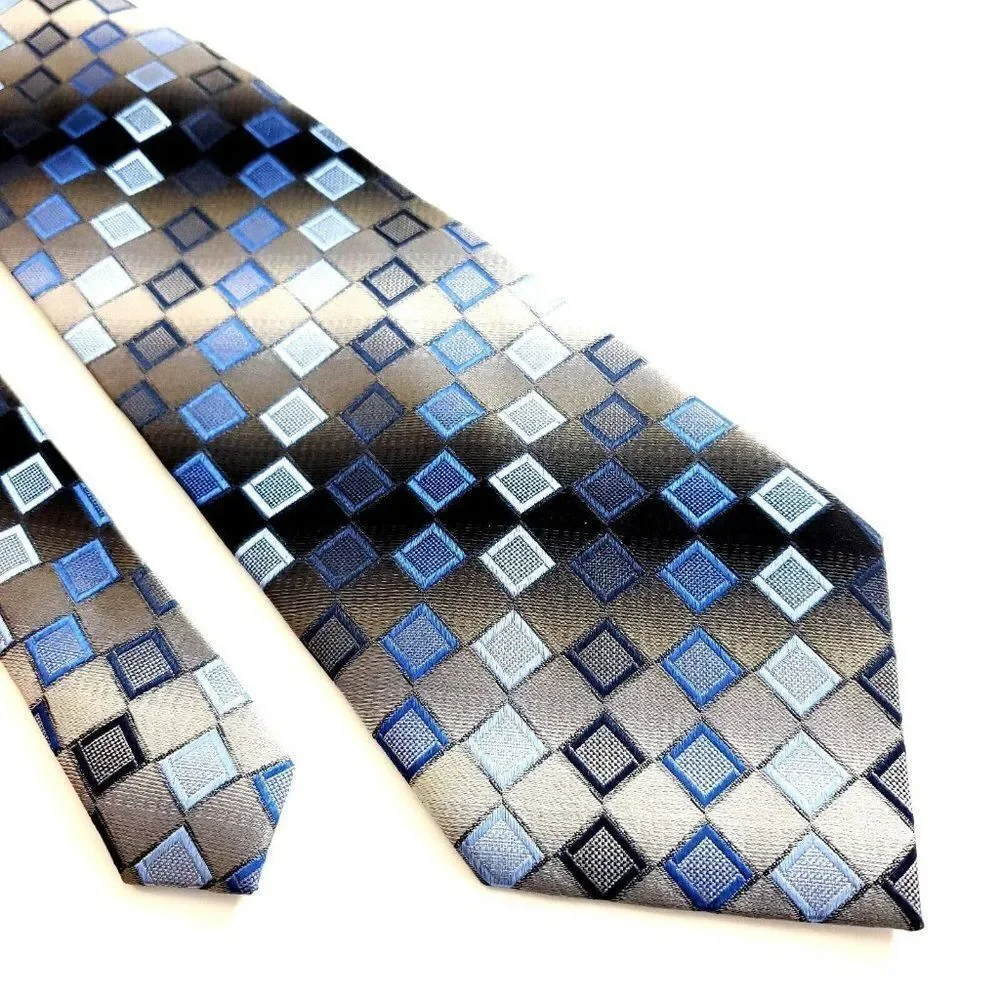 Pierre Cardin Beige Blue Woven Geometric Wide Silk Tie